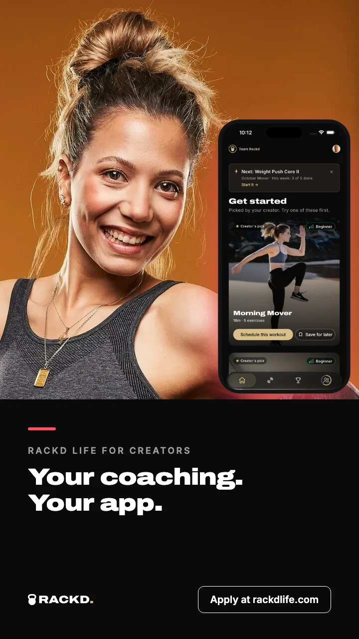 Example story ad: a smiling coach in front of an orange backdrop beside the Rackd app. Your coaching. Your app. Apply at rackdlife.com.