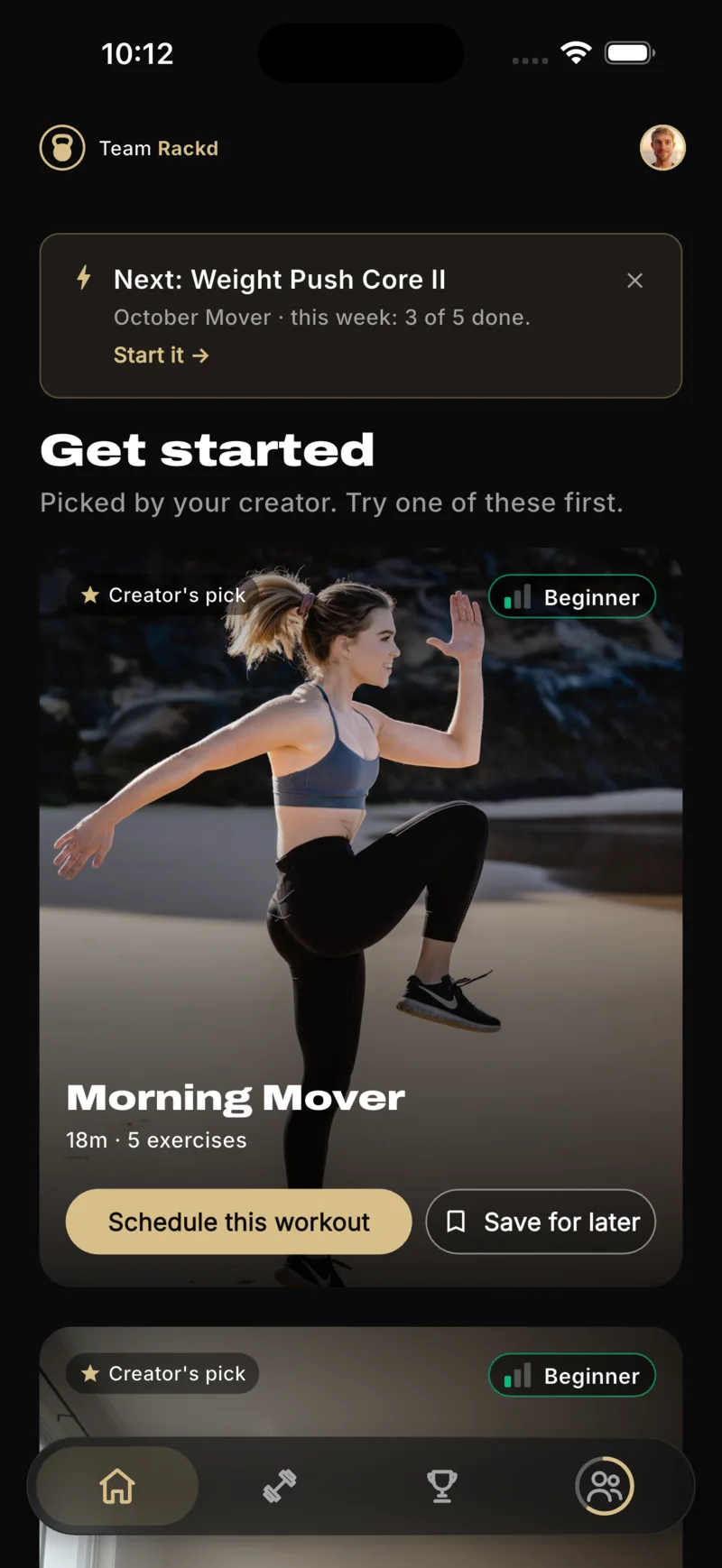 The Rackd app's Home tab: the next workout in a program, and picks to get started.