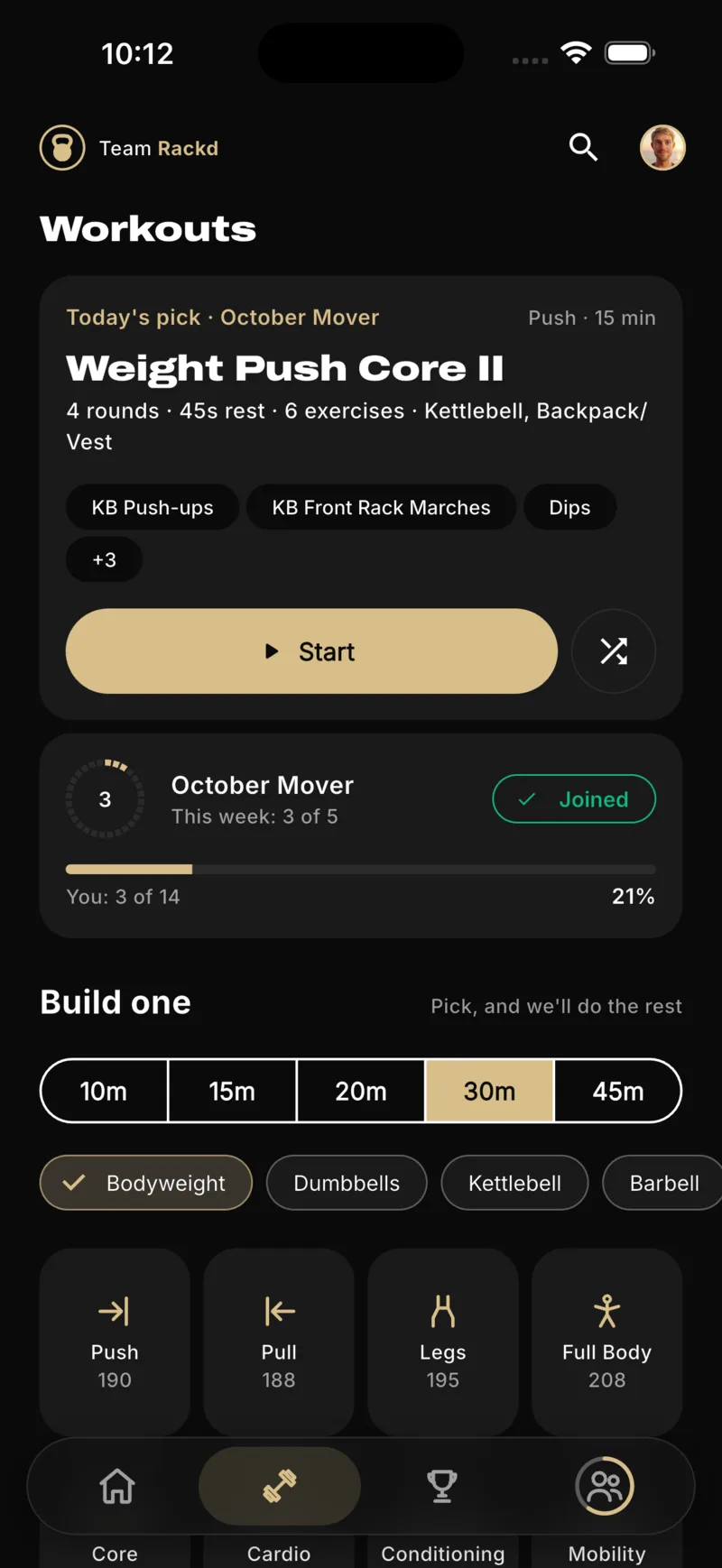 The Rackd app. Workouts: today's pick from your coach's challenge.