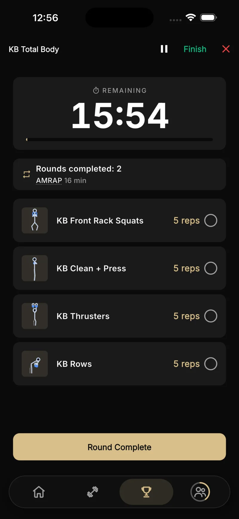 The Rackd app. An active workout: the timer, rounds and reps.