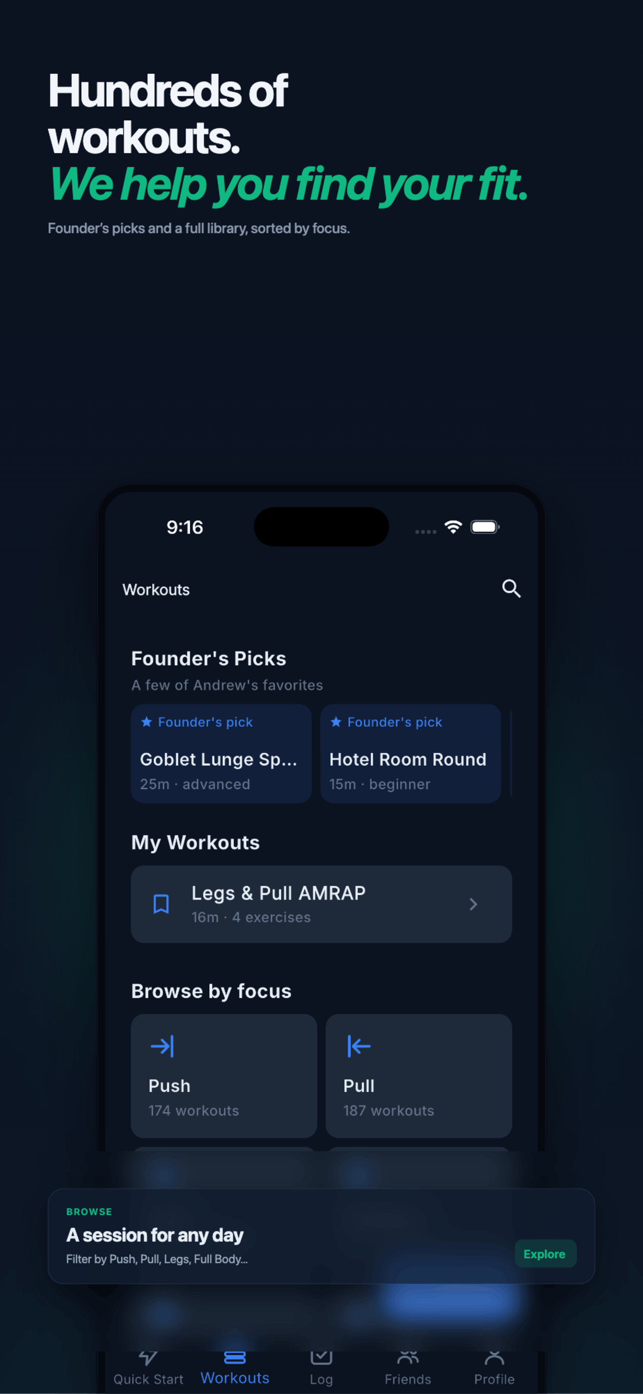 Hundreds of Rackd workouts sorted by focus, with Founder's Picks and your saved workouts.
