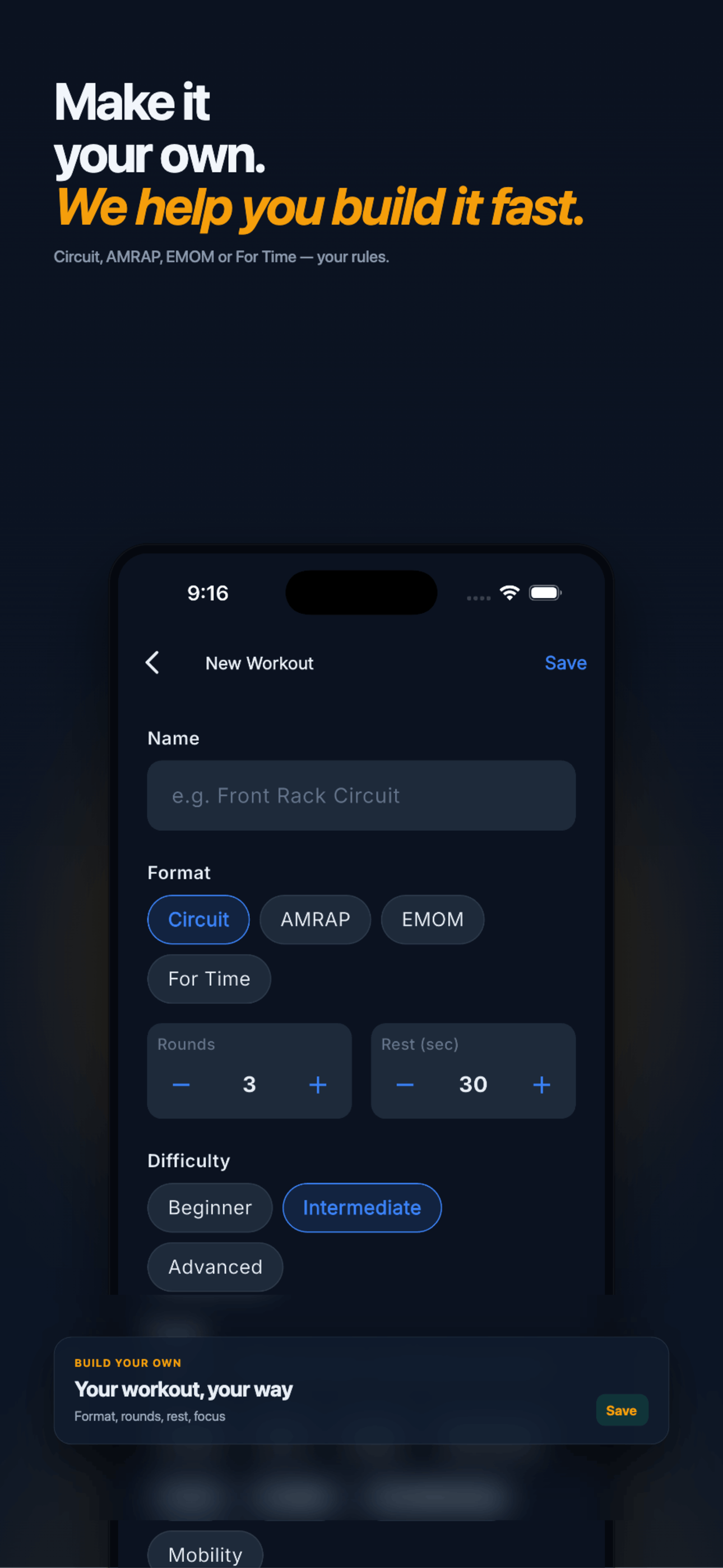 Build your own Rackd workout — Circuit, AMRAP, EMOM or For Time, your rules.