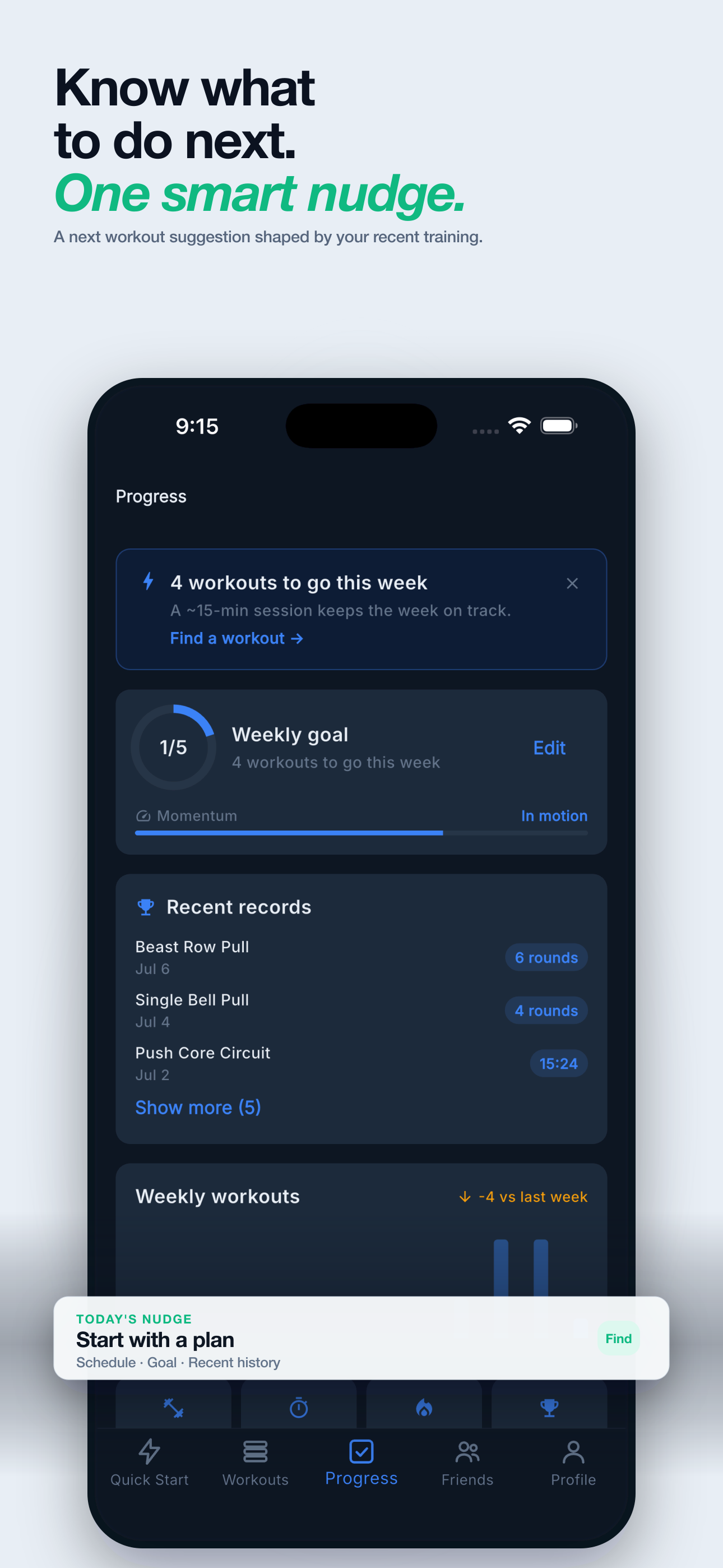 Rackd's Progress tab tracks your weekly goal, recent records, streaks and workout trends in one place.